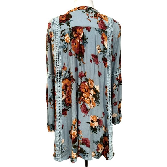 blu pepper Womens L Floral BoHo Peasant Tunic Top Crochet Detail Long Sleeve - Picture 4 of 8